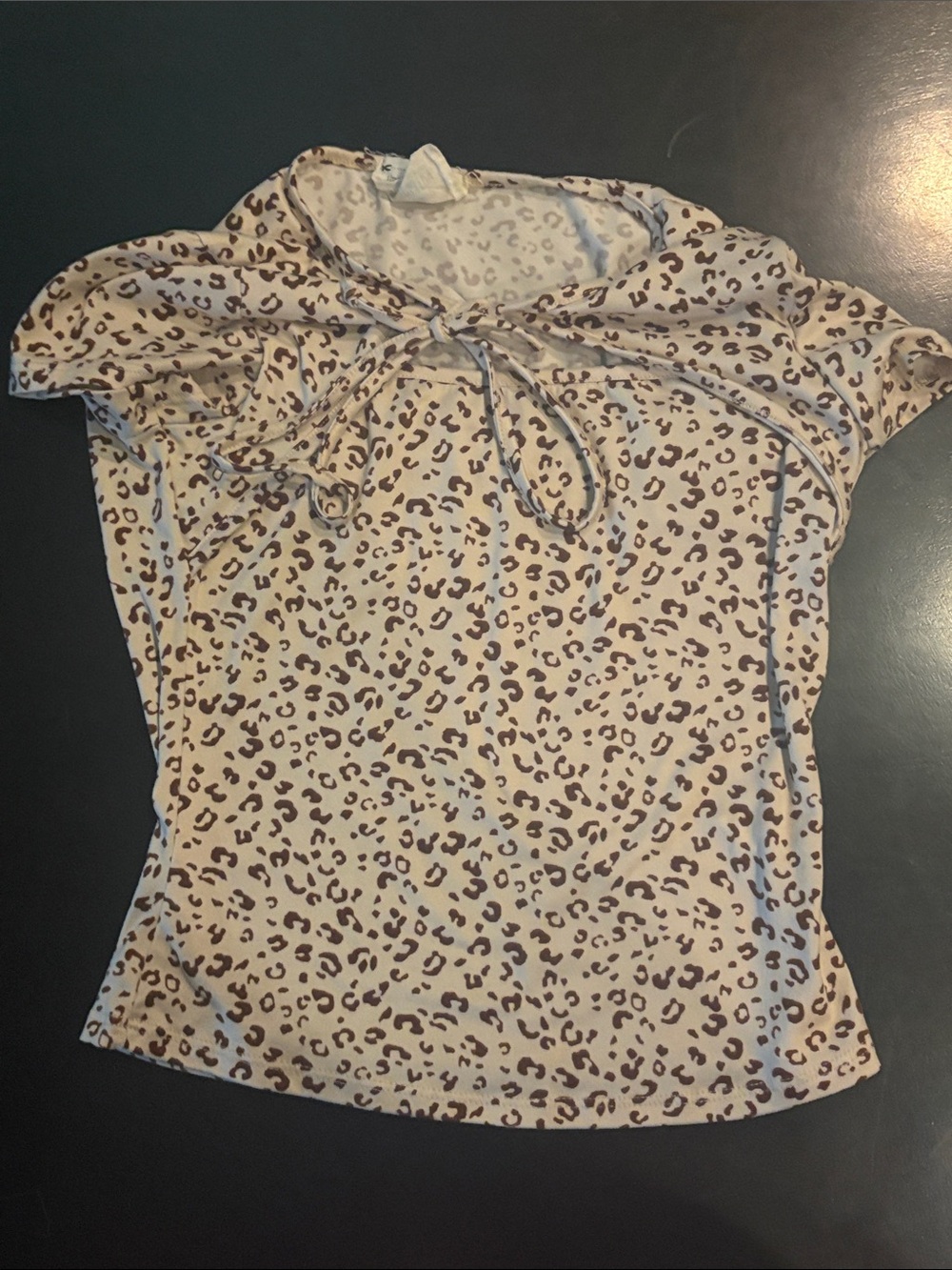Leopard Print Tie-Neck Short Sleeve Tunic - Beige/Brown